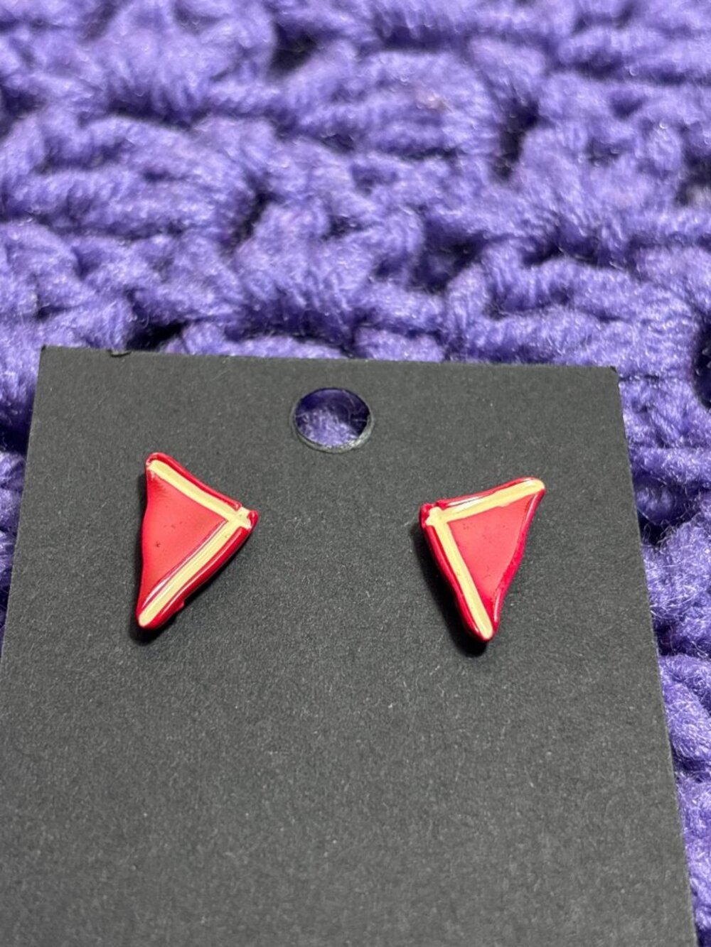 Vintage Triangle Stud Earrings Red Cream 0.75 inches